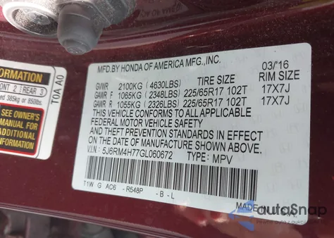 2016 Honda Cr-V Ex-L z USA, uszkodzony, nr VIN 5J6RM4H77GL060672